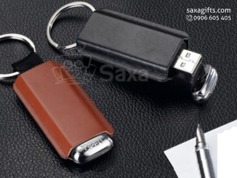 USB vỏ da in logo móc khóa, nắp rời trượt lên xuống