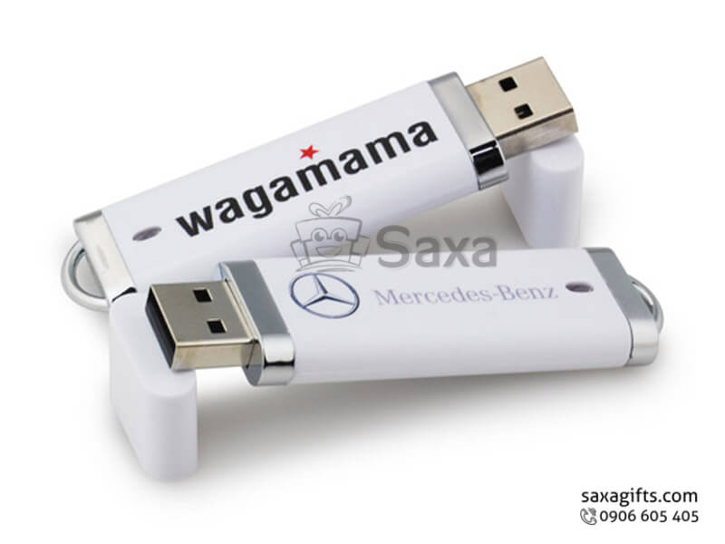 Usb nhựa in logo nắp rời phối bạc có khoen móc khóa