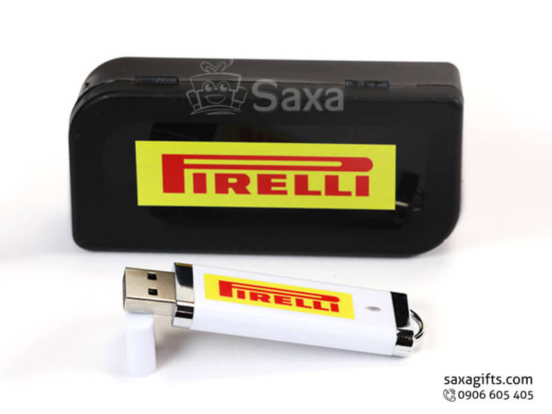 Usb nhựa in logo nắp rời phối bạc có khoen móc khóa