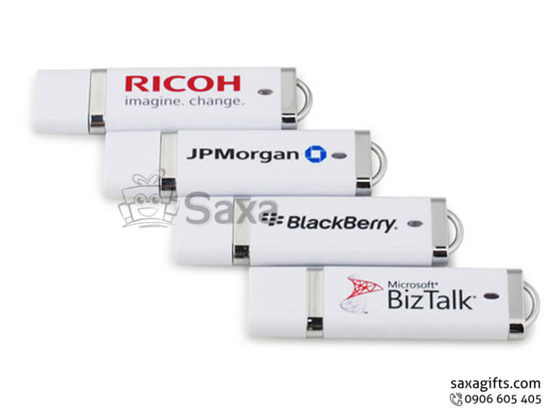 Usb nhựa in logo nắp rời phối bạc có khoen móc khóa