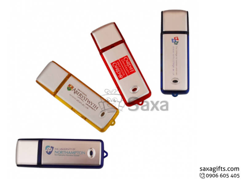 Usb nhựa in logo nắp rời phối trắng bạc