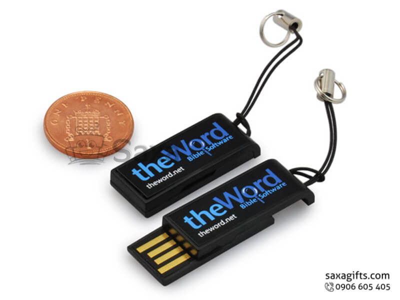 Usb nhựa in logo thanh trượt phối màu có khoen xỏ dây đeo