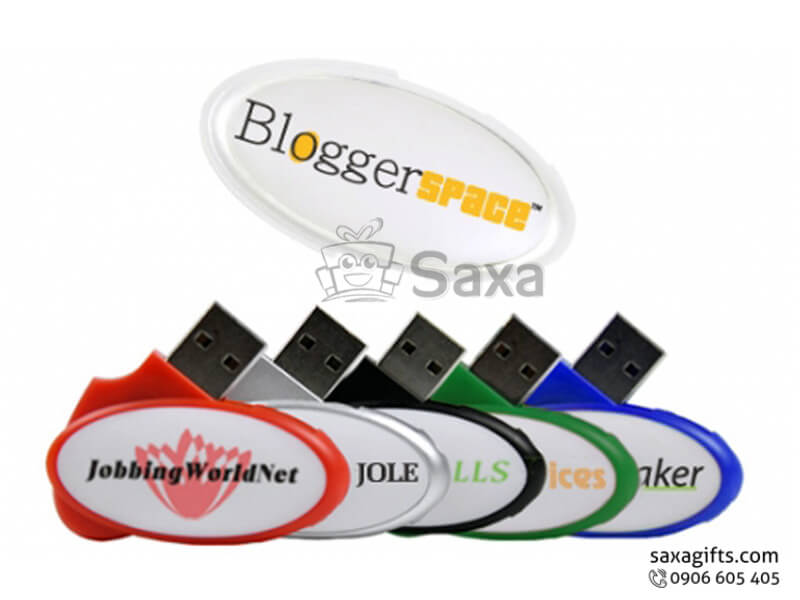 Usb nhựa in logo nắp xoay hình oval màu trắng