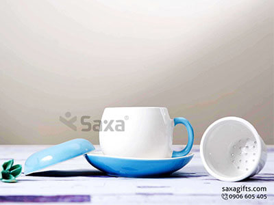 Bộ Ly trà gốm sứ Bát Tràng có nắp + khay lọc + dĩa, dung tích 180ml