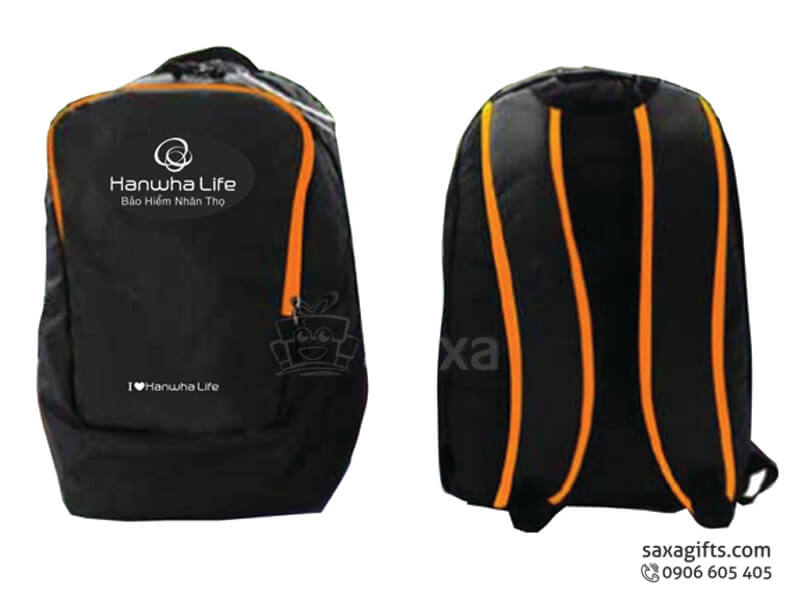 Balo laptop in logo Hanwha Life đen phối khóa cam nổi bật