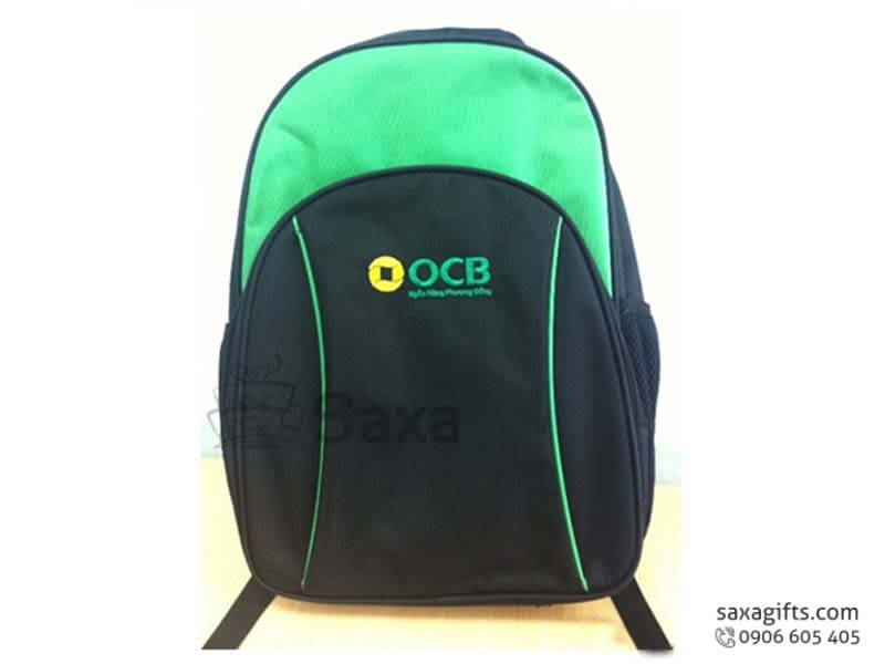 Balo laptop in logo OCB Bank vải dù đen phối xanh lá