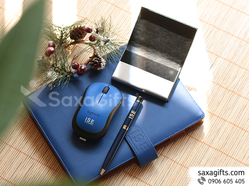 Bộ quà tặng 4 món: Sổ, Bút, Hộp Namecard, Chuột Bluetooth - In logo ISE