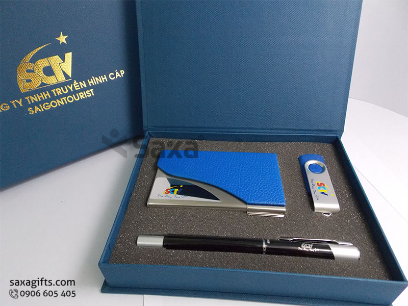 Bộ quà tặng giftset: Bút ký + Hộp namecard + Usb xoay in logo SCTV