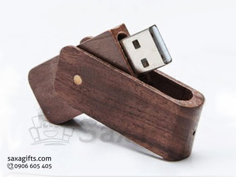 USB vỏ gỗ in logo nắp xoay 360 độ bo tròn các góc