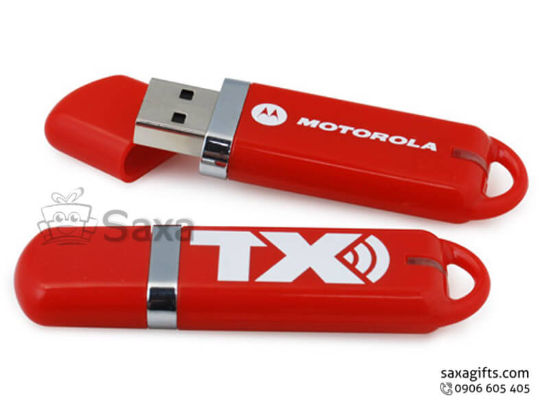 Usb nhựa in logo nắp rời có khoen móc khóa bo tròn góc