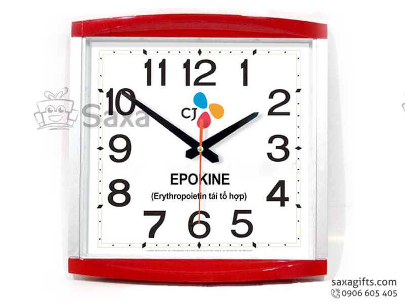 Đồng hồ treo tường in logo hình vuông viền đỏ 2 cạnh cong của EPOKINE