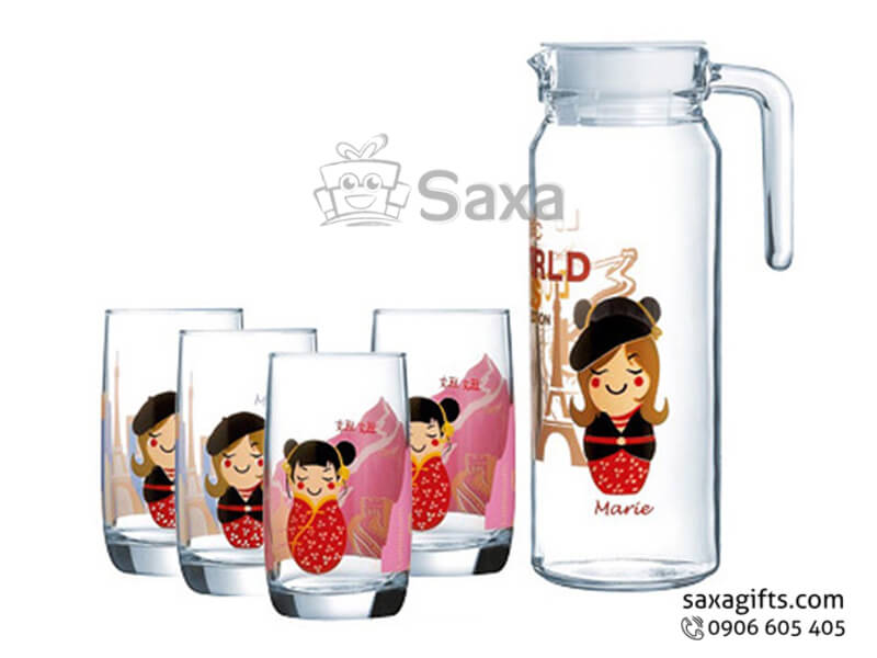 Bộ bình thủy tinh in logo cỡ trung in hình búp bê