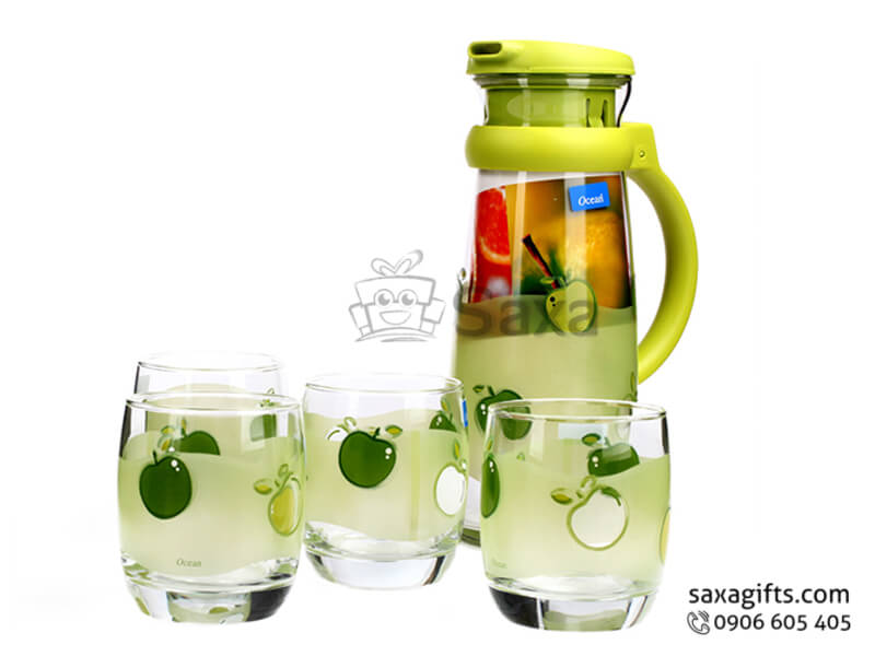 Bộ bình ly thủy tinh in logo nắp và tay cầm nhựa thương hiệu Ocean