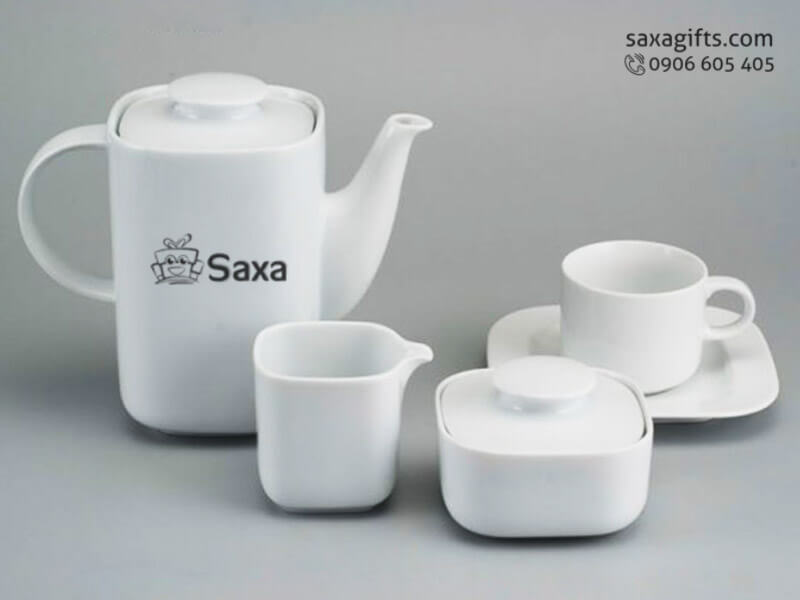 Bộ ấm trà in logo gốm sứ kiểu vuông độc đáo