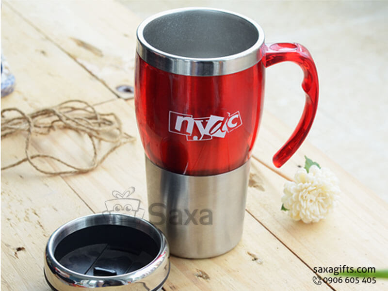 Ly giữ nhiệt in logo inox phối nhựa + nắp đậy có lỗ cắm ống hút