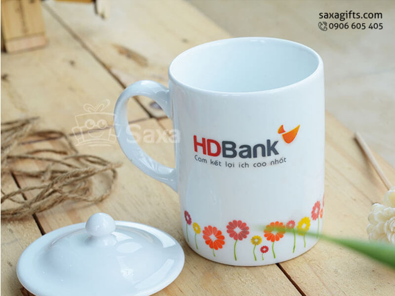 Ly sứ trắng in logo hiệu Minh Long cao cấp có nắp đậy của HDBank