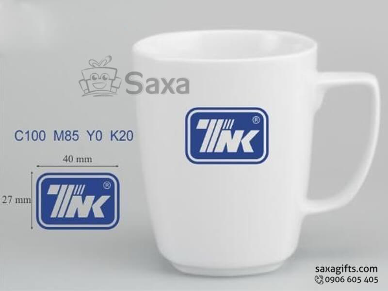 Ly sứ trắng in logo Minh Long hình vuông cách điệu