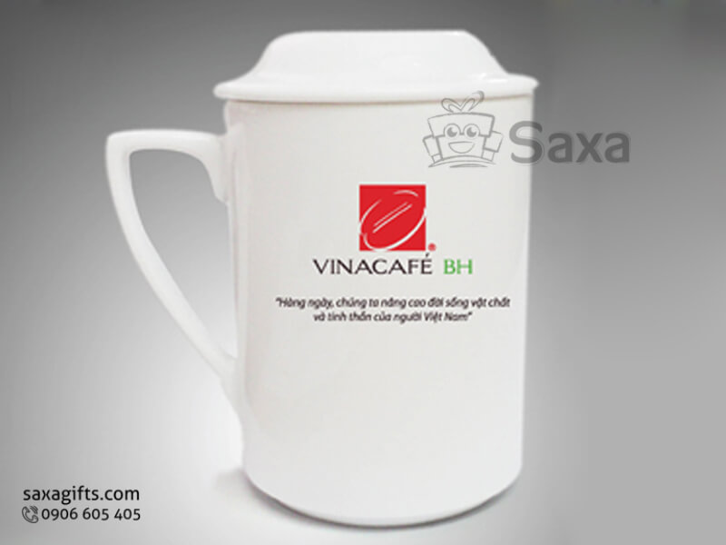 Ly sứ trắng in logo hiệu Minh Long cao cấp logo được vẽ tay