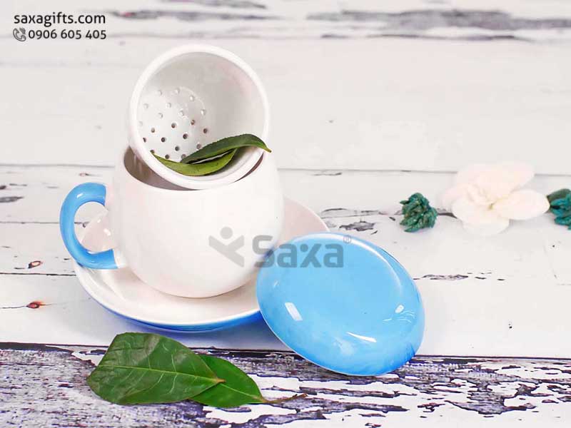 Bộ Ly trà gốm Bát Tràng có nắp + khay lọc + dĩa, dung tích 180ml