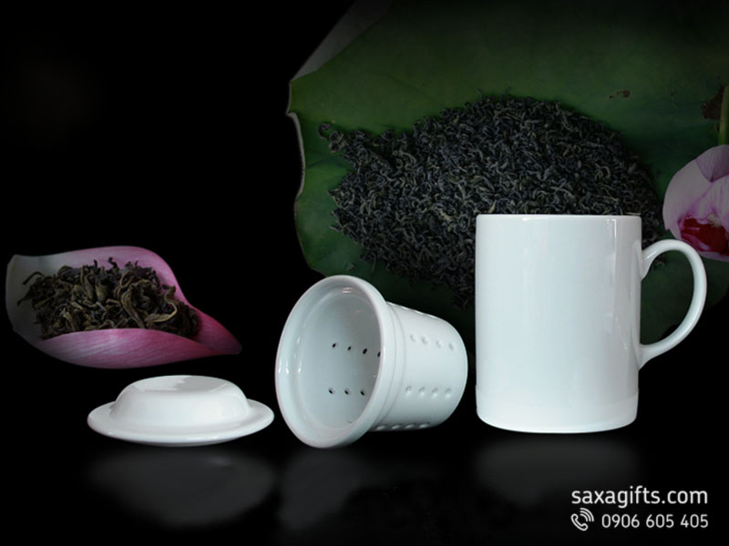 Bộ ly lọc trà Minh Long 0.3l màu trắng, có nắp đậy