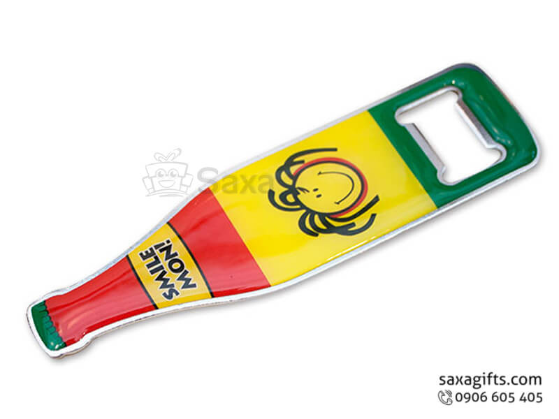 Khui bia in logo bằng inox đổ keo hình chai nước