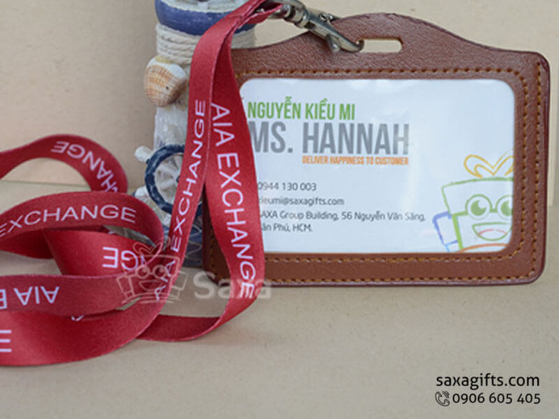 Dây đeo thẻ in logo bằng lụa màu đỏ + thẻ da cao cấp