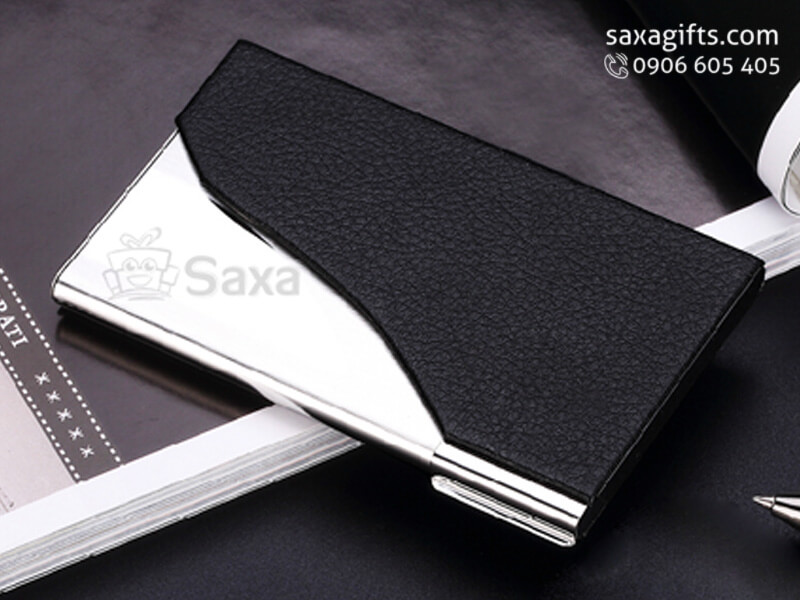 Hộp namecard da sần in logo nắp kim loại phối da cut cách điệu