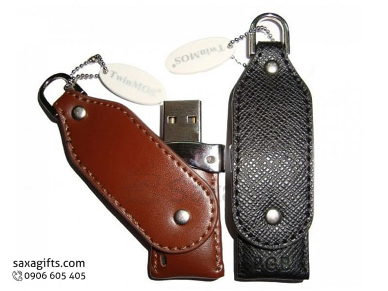 Usb vỏ da in logo có móc khóa xoay 360 bo góc (leather usb)