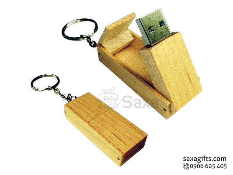 USB gỗ in logo móc khóa nắp bật xoay 180 độ