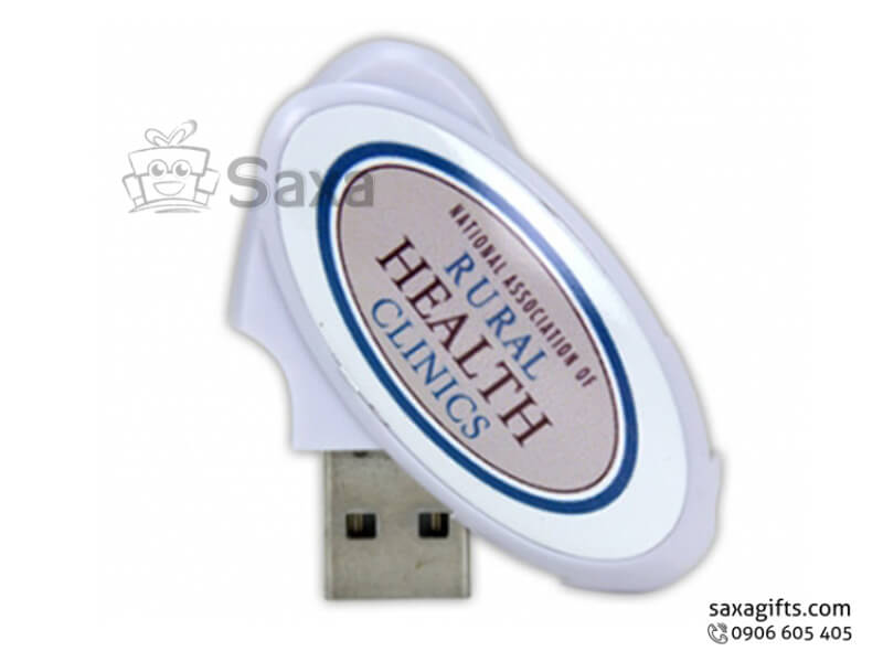 Usb nhựa in logo nắp xoay hình oval màu trắng